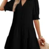 Dokotoo Casual Dresses for Women Lapel Collared V Neck Mid Sleeved Pleated Summer Dresses for Women 2025 Midi Dresses