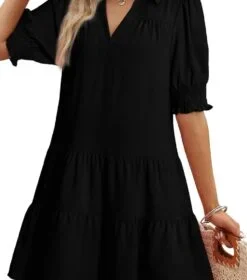 Dokotoo Casual Dresses for Women Lapel Collared V Neck Mid Sleeved Pleated Summer Dresses for Women 2025 Midi Dresses