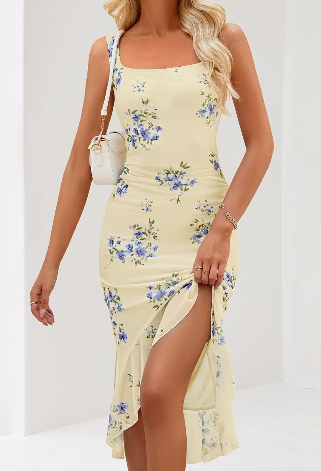 MEROKEETY Women's Summer Floral Bodycon Dress Square Neck Sleeveless Ruffle Hem Cocktail Mesh Midi Dress - Image 12