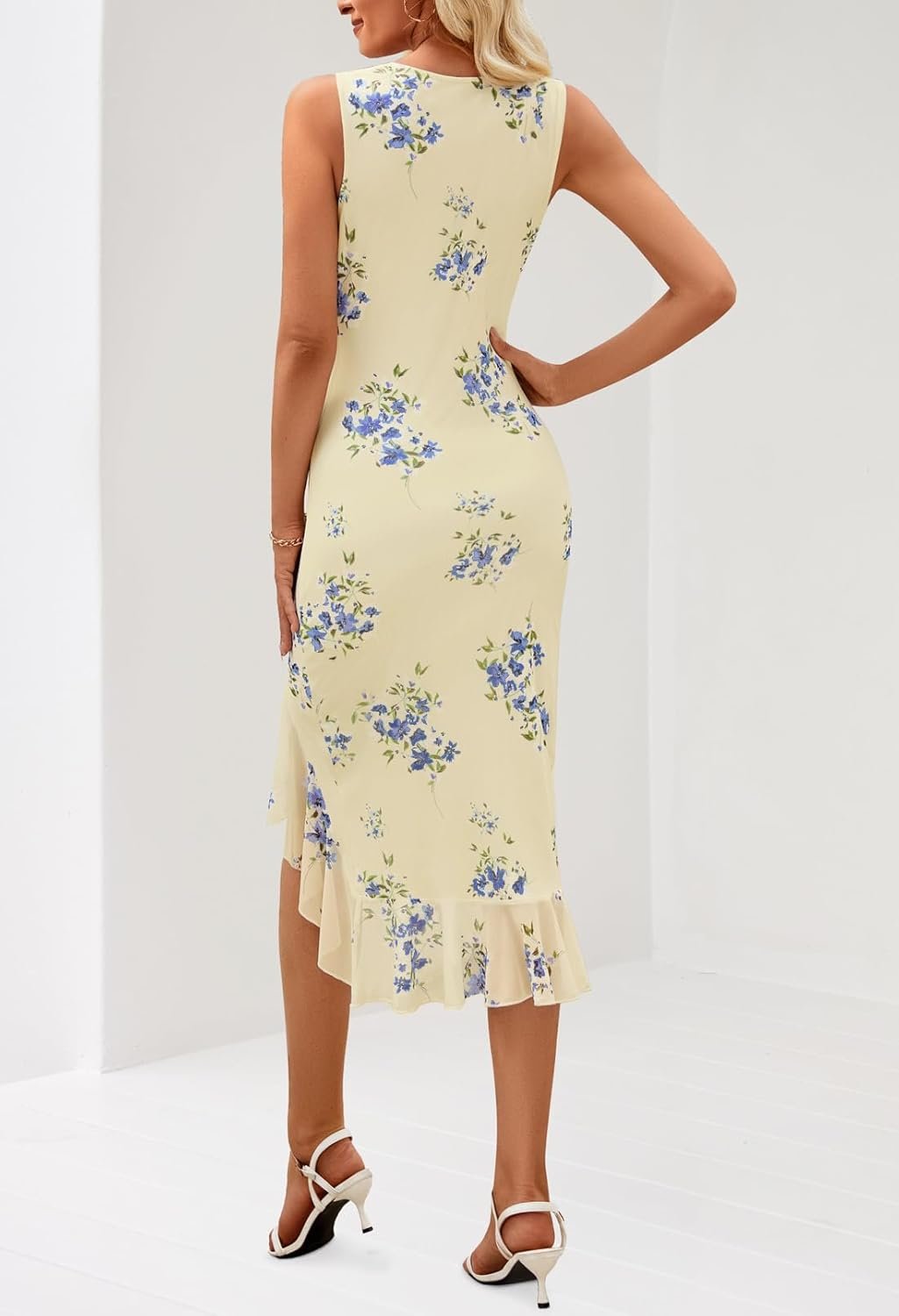 MEROKEETY Women's Summer Floral Bodycon Dress Square Neck Sleeveless Ruffle Hem Cocktail Mesh Midi Dress - Image 14