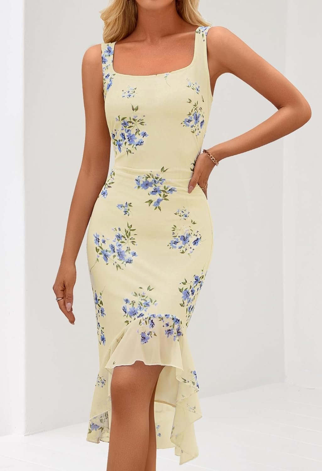 MEROKEETY Women's Summer Floral Bodycon Dress Square Neck Sleeveless Ruffle Hem Cocktail Mesh Midi Dress - Image 10