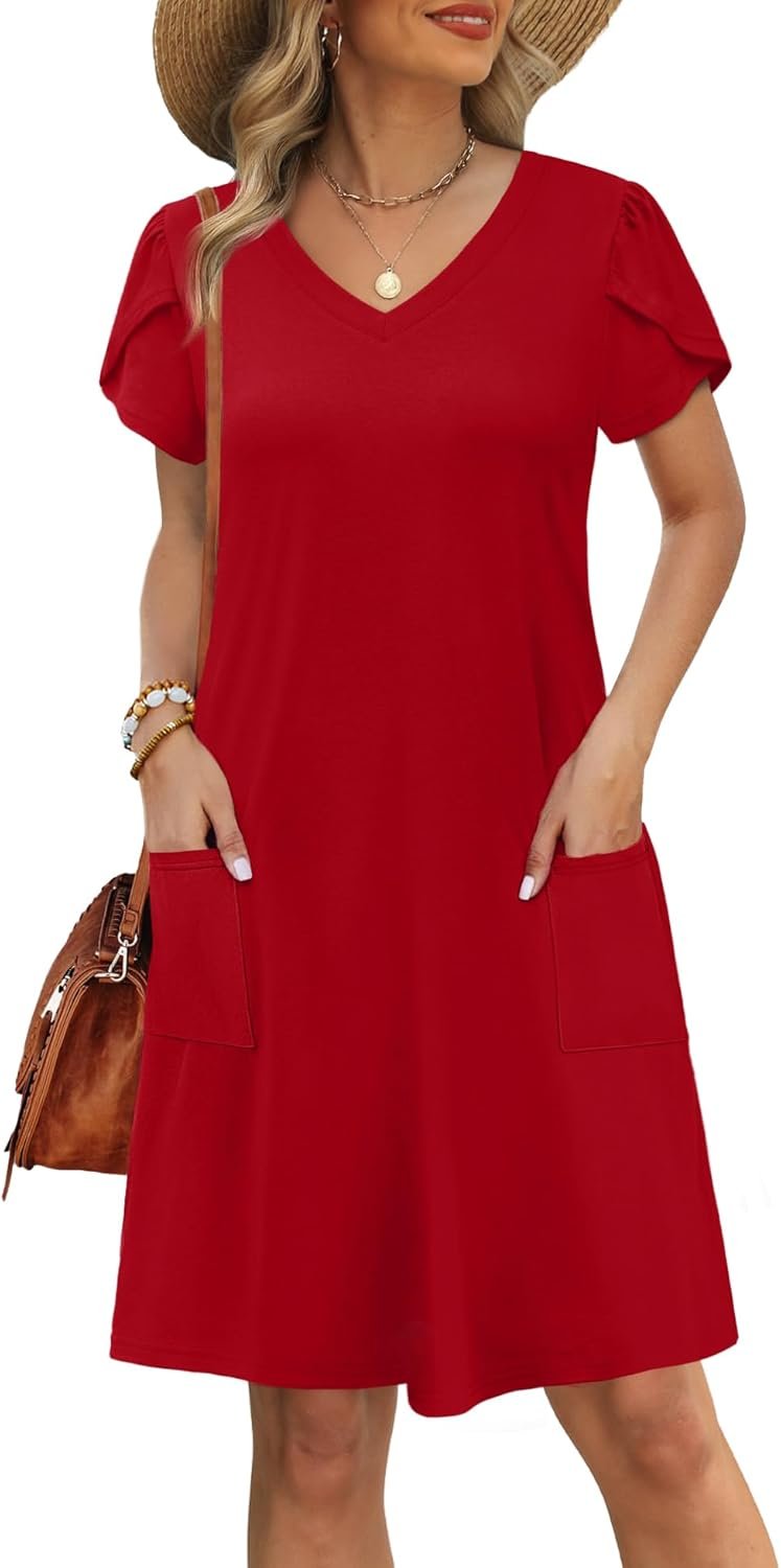 OFEEFAN Womens Summer Dresses 2025 Tulip Petal Short Sleeve V Neck Loose Swing Sundresses with Pockets Plain/Print - Image 7