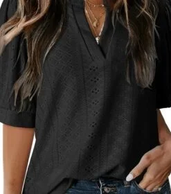 Dokotoo Womens Summer Business Casual Blouses V Neck Short Sleeve Shirts Hollow Out Cute Lace Tops
