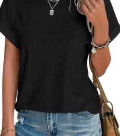 Bliwov Womens Tops Eyelet Embroidery Summer Spring Curved Hem Short Sleeve Trendy T Shirts Outfits Beach Vacation Clothes