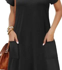 OFEEFAN Womens Summer Dresses 2025 Tulip Petal Short Sleeve V Neck Loose Swing Sundresses with Pockets Plain/Print