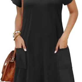 OFEEFAN Womens Summer Dresses 2025 Tulip Petal Short Sleeve V Neck Loose Swing Sundresses with Pockets Plain/Print