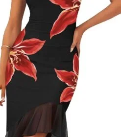 MEROKEETY Women's Summer Floral Bodycon Dress Square Neck Sleeveless Ruffle Hem Cocktail Mesh Midi Dress