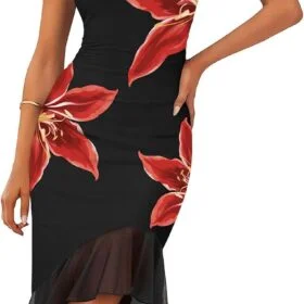 MEROKEETY Women's Summer Floral Bodycon Dress Square Neck Sleeveless Ruffle Hem Cocktail Mesh Midi Dress