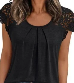 AUTOMET Womens Lace Tops Pleated Short Sleeve Shirts Summer Business Casual Dressy Blouses