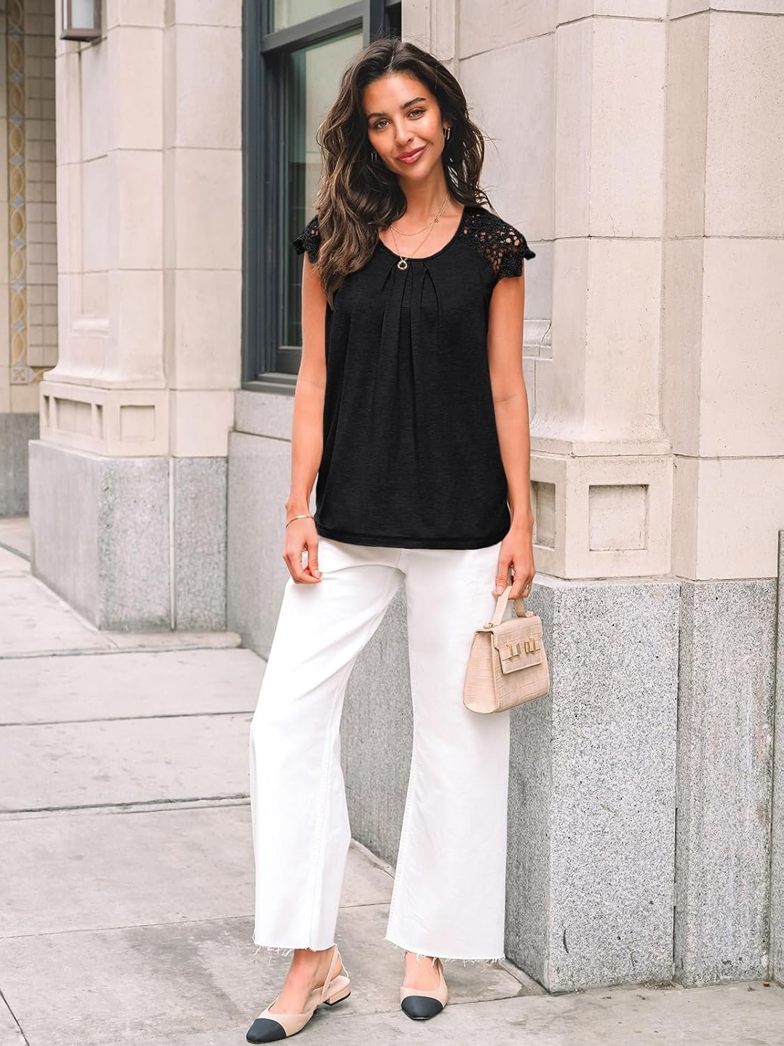 AUTOMET Womens Lace Tops Pleated Short Sleeve Shirts Summer Business Casual Dressy Blouses - Image 6