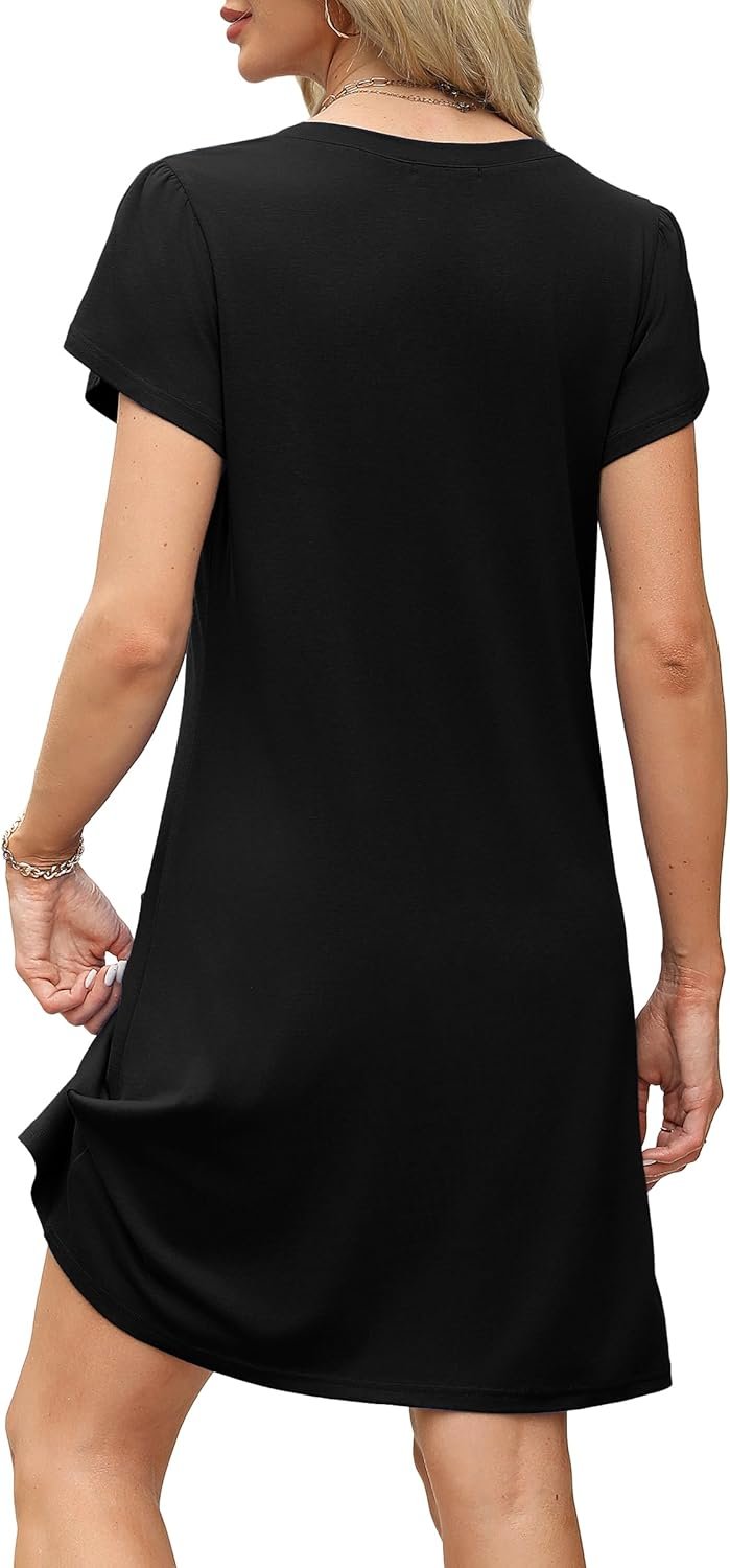 OFEEFAN Womens Summer Dresses 2025 Tulip Petal Short Sleeve V Neck Loose Swing Sundresses with Pockets Plain/Print - Image 6