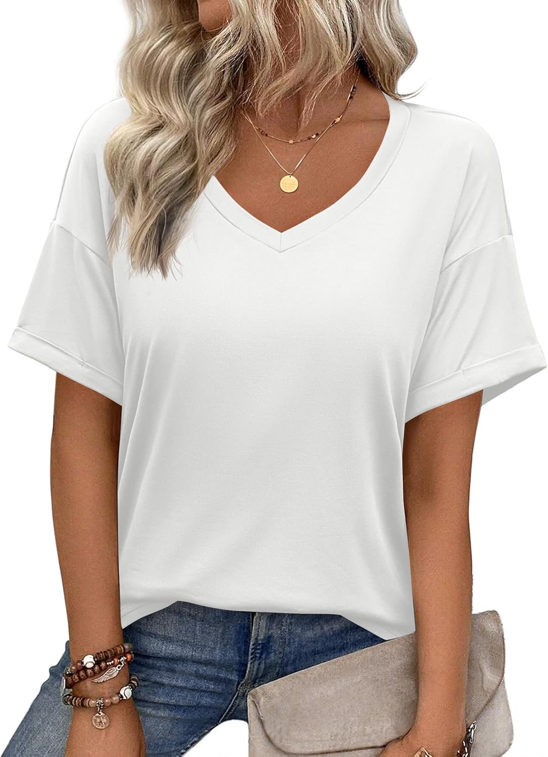 Zeagoo Womens Summer Tops Short Sleeve Casual Shirts Floral Tee Trendy 2025 Basics V Neck Plain Tshirt - Image 6