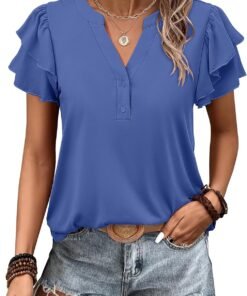 ANRABESS Womens Tops Dressy Casual Ruffle Short Sleeve V Neck Blouses Summer Button Down Business Work Elegant Shirts