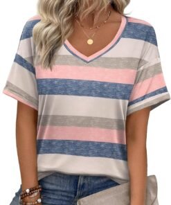 Zeagoo Womens Summer Tops Short Sleeve Casual Shirts Floral Tee Trendy 2025 Basics V Neck Plain Tshirt