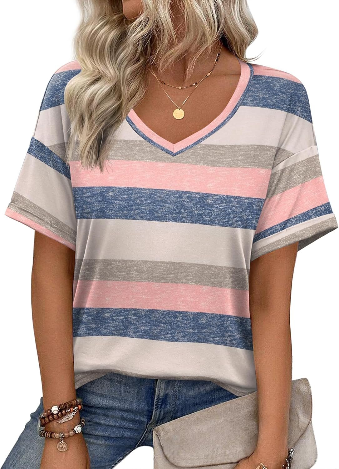 Zeagoo Womens Summer Tops Short Sleeve Casual Shirts Floral Tee Trendy 2025 Basics V Neck Plain Tshirt